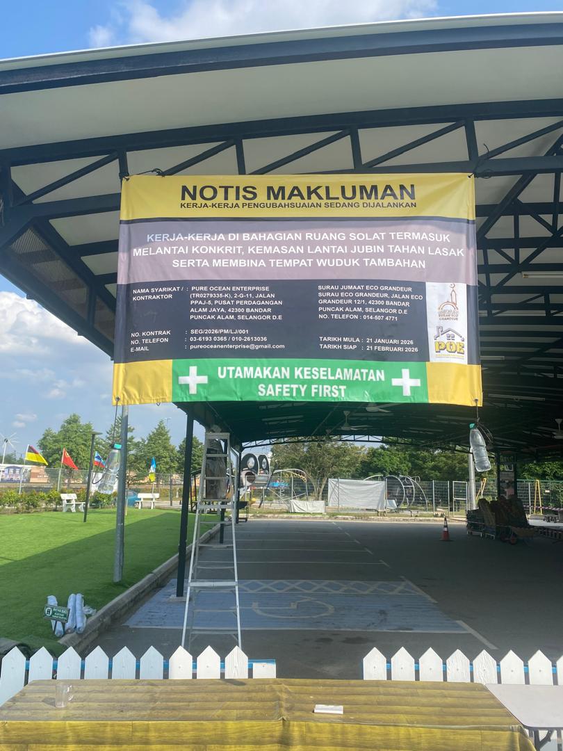 Kerja-Kerja di Bahagian Ruang Solat — Melantai Konkrit, Kemasan Lantai Jubin Tahan Lasak & Membina Tempat Wuduk Tambahan — gambar 1